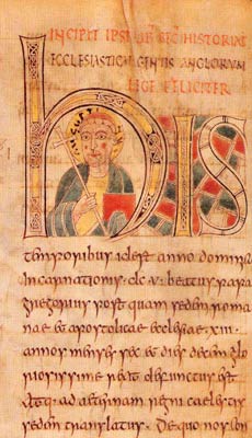 Фрагмент раннего манускрипта 'Церковной истории народа англов': буквица с изображением св. Григория I (более поздняя надпись на нимбе ошибочна).